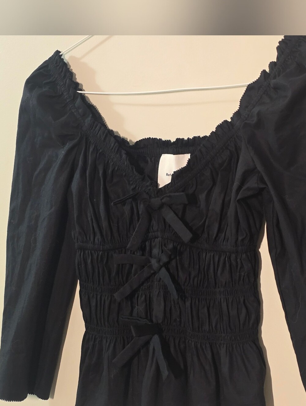 Reformation Lauryn Top Black Bow Front Smocked Peplum Size 2 NWT